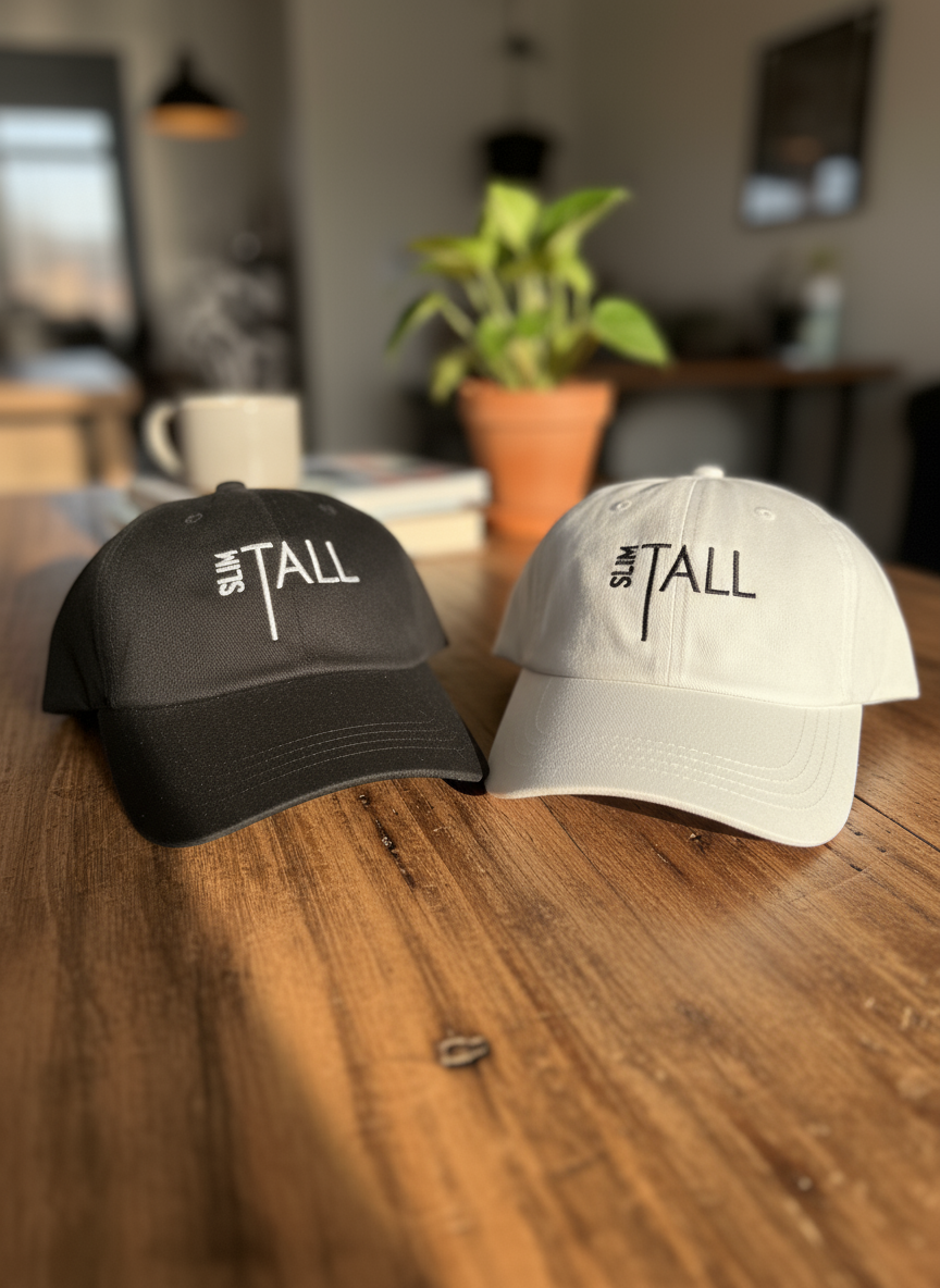 Blk and white dad hats with the letting SlimTall 