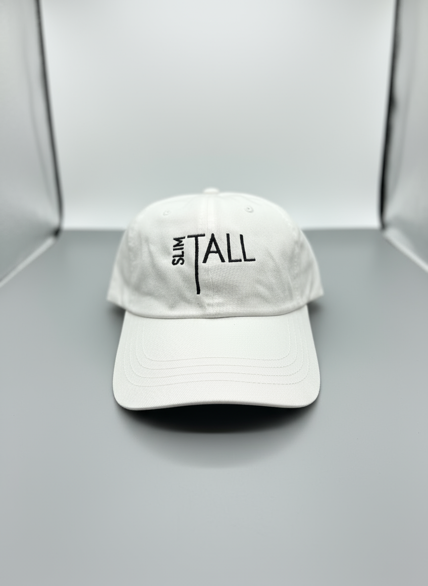 A white slim-fit dad hat with the text 'SlimTall' printed in black on the front.