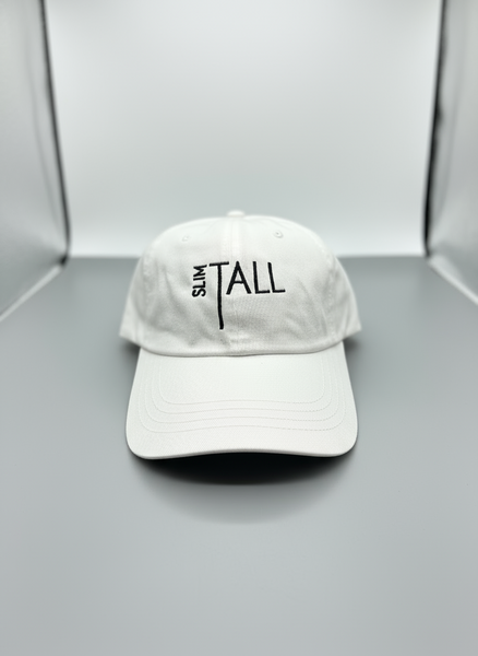 A white slim-fit dad hat with the text 'SlimTall' printed in black on the front.
