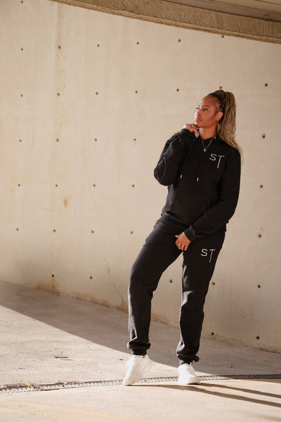 SlimTall black and white tracksuit set, front. Model is 5'11" wearing size L
