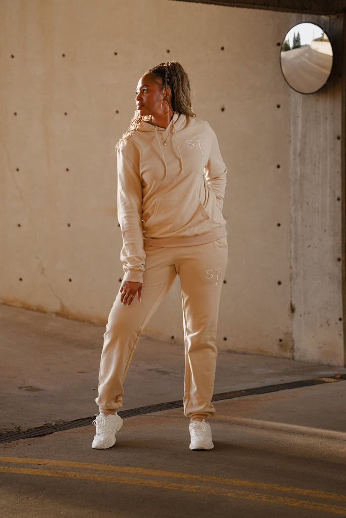 SlimTall tan tracksuit set, front. Model is 5'11" wearing size L