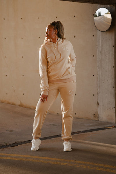 SlimTall tan tracksuit set, front. Model is 5'11" wearing size L
